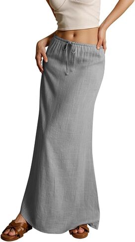 Kvor Linen Maxi Skirt for Women Beach Vacation Drawstring Elastic Waist Flowy Summer Skirt Lightweight Boho Long Skirt in Kuwait