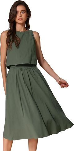 Allegra K Women Summer 2 Piece Outfits Round Neck Sleeveless Crop Top Midi Skirts Set in Saudi Arabia