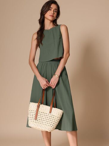 Allegra K Women Summer 2 Piece Outfits Round Neck Sleeveless Crop Top Midi Skirts Set in Saudi Arabia