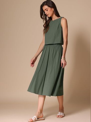 Allegra K Women Summer 2 Piece Outfits Round Neck Sleeveless Crop Top Midi Skirts Set in Saudi Arabia
