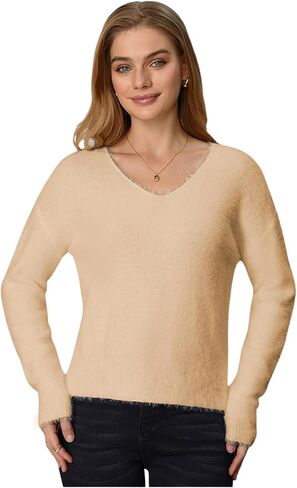 Verdusa Women's Fuzzy Sweater Off The Shoulder V Neck Drop Shoulder Long Sleeve Pullover Sweaters in Kuwait