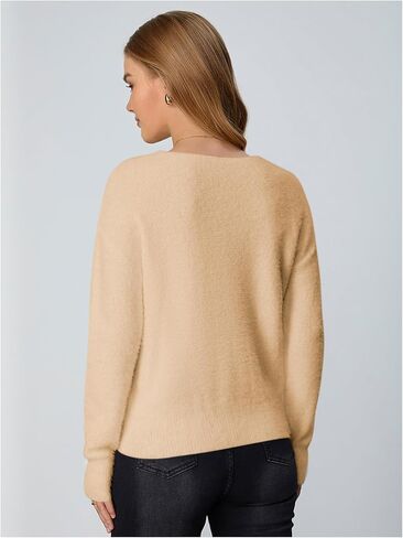 Verdusa Women's Fuzzy Sweater Off The Shoulder V Neck Drop Shoulder Long Sleeve Pullover Sweaters in Kuwait