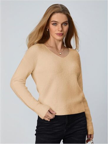 Verdusa Women's Fuzzy Sweater Off The Shoulder V Neck Drop Shoulder Long Sleeve Pullover Sweaters in Kuwait