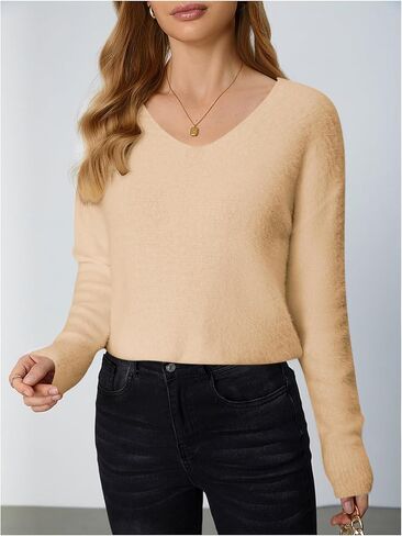 Verdusa Women's Fuzzy Sweater Off The Shoulder V Neck Drop Shoulder Long Sleeve Pullover Sweaters in Kuwait