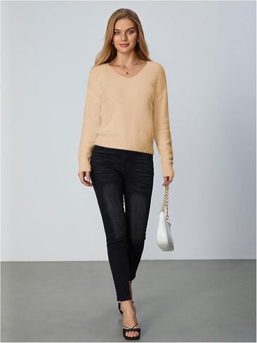 Verdusa Women's Fuzzy Sweater Off The Shoulder V Neck Drop Shoulder Long Sleeve Pullover Sweaters in Kuwait