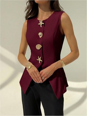 MakeMeChic Women's Vest Top Sleeveless Blazer Metal Button Down Split Hem Dressy Jacket Waistcoat in Saudi Arabia