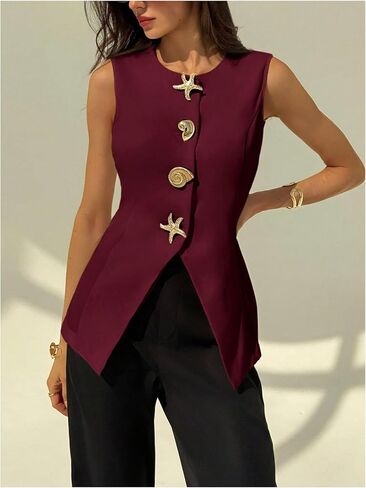 MakeMeChic Women's Vest Top Sleeveless Blazer Metal Button Down Split Hem Dressy Jacket Waistcoat in Saudi Arabia