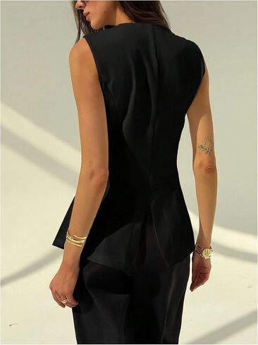 MakeMeChic Women's Vest Top Sleeveless Blazer Metal Button Down Split Hem Dressy Jacket Waistcoat in Saudi Arabia