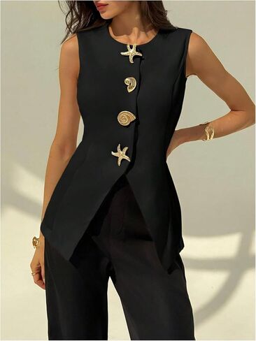 MakeMeChic Women's Vest Top Sleeveless Blazer Metal Button Down Split Hem Dressy Jacket Waistcoat in Saudi Arabia