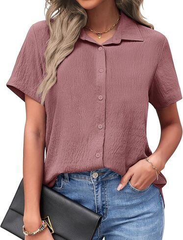Pygfemr Womens زر أسفل القمصان قصيرة الأكمام فضفاضة collared v رقبة السترات الصيفية قمم العمل غير الرسمي بلوزات الأعمال غير الرسمية in Kuwait