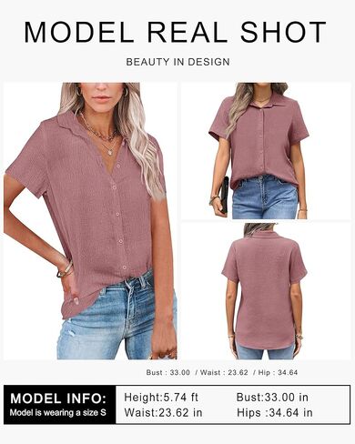 Pygfemr Womens زر أسفل القمصان قصيرة الأكمام فضفاضة collared v رقبة السترات الصيفية قمم العمل غير الرسمي بلوزات الأعمال غير الرسمية in Kuwait