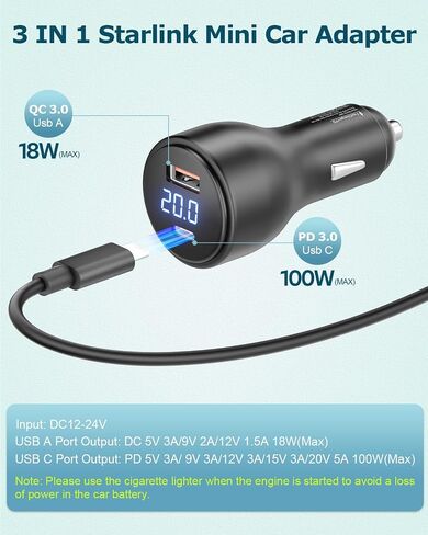 Cable Starlink Mini USB C Power Cable 5.9ft 3 in 1 Starlink Mini Car Adapter DC Power Cable وشاحن السيارات ذكي Boost 12V إلى 20V/100W مع عرض رقمي USB C PD 100W و USB A 18W منفذ 1.8M in Kuwait