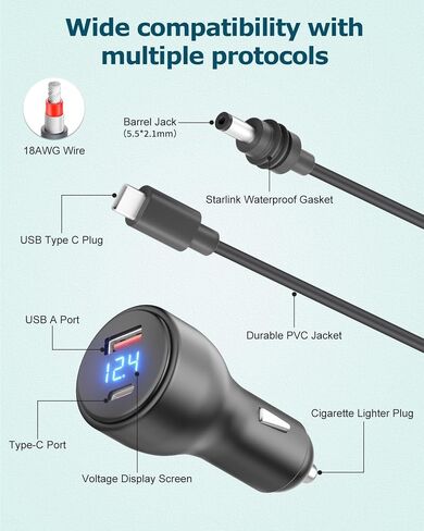 Cable Starlink Mini USB C Power Cable 5.9ft 3 in 1 Starlink Mini Car Adapter DC Power Cable وشاحن السيارات ذكي Boost 12V إلى 20V/100W مع عرض رقمي USB C PD 100W و USB A 18W منفذ 1.8M in Kuwait