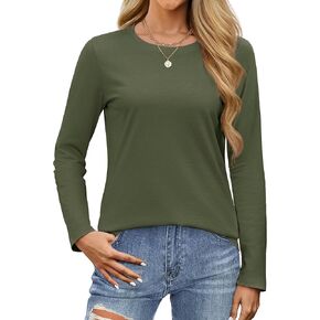 YUCOLEN Women's Cotton Long Sleeve Shirts Crewneck Cotton Basic T-Shirt Solid Color Soft Comfy Casual Tops Tees for Women in Kuwait