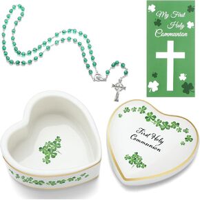 Quelay First Communion Rosary Gift Set Includes Catholic St Patrick Green Beads Irish Rosary with Metal Celtic Crucifix Porcelain Irish Shamrock Jewelry Keepsake Box and Holy Card for Girl Boys Prayer in Kuwait