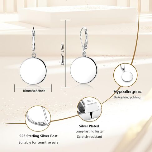 925 Sterling Silver Disc Dangle Earrings for Women Flat Hypoallergenic Drop Earrings Classic Coin Leverback Earrings for Women Jewelry Gifts in Saudi Arabia