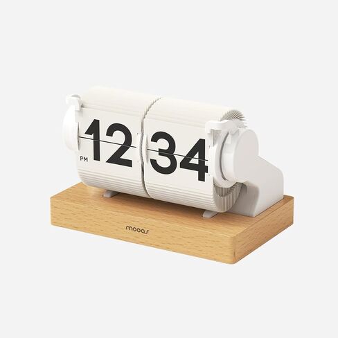 Mooas Multi Wood Mini Flip Desk Clock (White) ، الساعة الرجعية التلقائية التلقائية الأوتوماتيكية ، التقويم الموقت ، ساعة المكتب رقم كبير USB-C ، مثالي لمقهى فندق School School in Kuwait