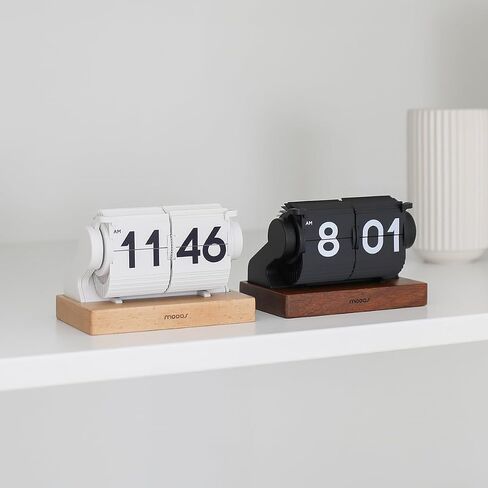 Mooas Multi Wood Mini Flip Desk Clock (White) ، الساعة الرجعية التلقائية التلقائية الأوتوماتيكية ، التقويم الموقت ، ساعة المكتب رقم كبير USB-C ، مثالي لمقهى فندق School School in Kuwait