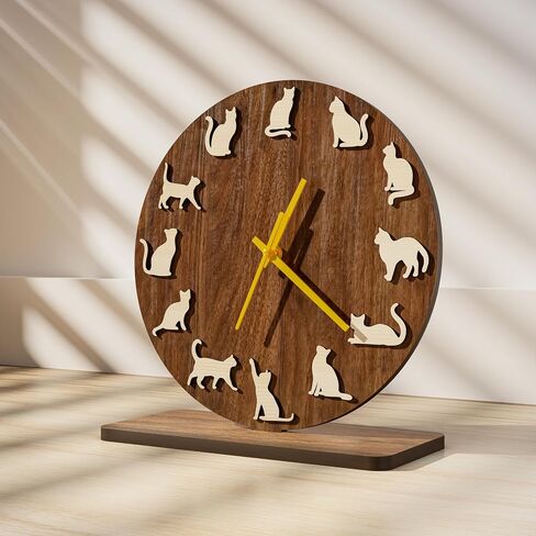 EIGEN Cat Clock for Desk Decor - Desk Clock for Bedroom Decor, Wooden Cat Decor Clocks for Living Room, Silent Table Clock for Shelf Decor, Cute Room Decor in Saudi Arabia