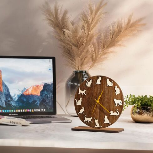 EIGEN Cat Clock for Desk Decor - Desk Clock for Bedroom Decor, Wooden Cat Decor Clocks for Living Room, Silent Table Clock for Shelf Decor, Cute Room Decor in Saudi Arabia