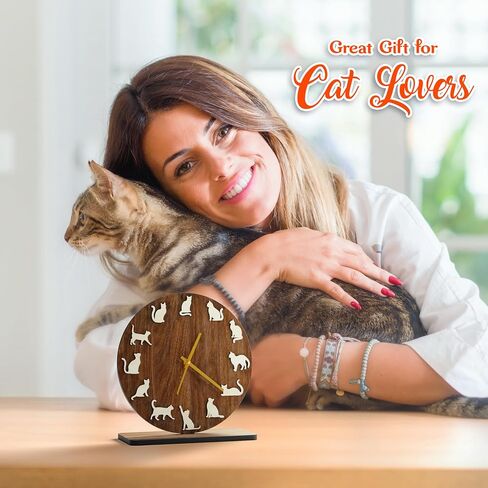 EIGEN Cat Clock for Desk Decor - Desk Clock for Bedroom Decor, Wooden Cat Decor Clocks for Living Room, Silent Table Clock for Shelf Decor, Cute Room Decor in Saudi Arabia