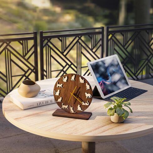 EIGEN Cat Clock for Desk Decor - Desk Clock for Bedroom Decor, Wooden Cat Decor Clocks for Living Room, Silent Table Clock for Shelf Decor, Cute Room Decor in Saudi Arabia