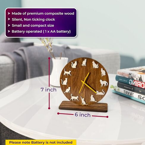 EIGEN Cat Clock for Desk Decor - Desk Clock for Bedroom Decor, Wooden Cat Decor Clocks for Living Room, Silent Table Clock for Shelf Decor, Cute Room Decor in Saudi Arabia