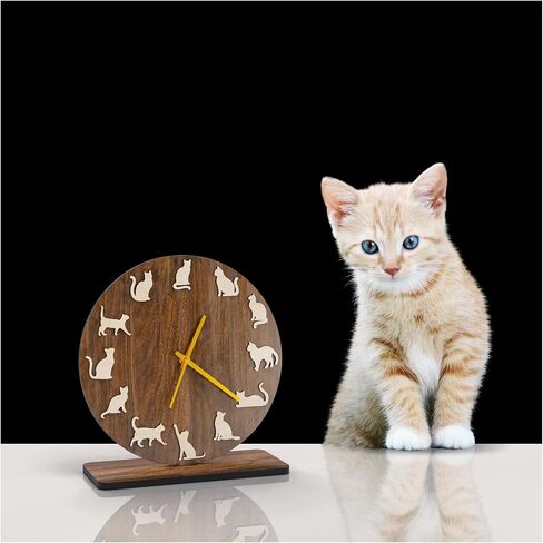 EIGEN Cat Clock for Desk Decor - Desk Clock for Bedroom Decor, Wooden Cat Decor Clocks for Living Room, Silent Table Clock for Shelf Decor, Cute Room Decor in Saudi Arabia