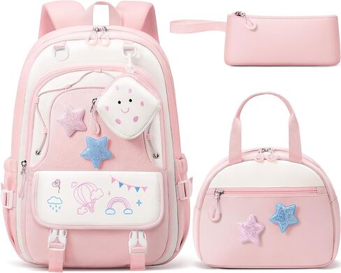 حقيبة ظهر Fimibuke Kids for Girls ، 4 PCS حقيبة ظهر للمراهقات في سن المراهقة مع صندوق الغداء وحالة القلم الرصاص ومجموعة حقائب سماعات الرأس ، حقيبة مدرسية لطيفة لطلاب المدرسة الثانوية الابتدائية إلى المدرسة in Kuwait