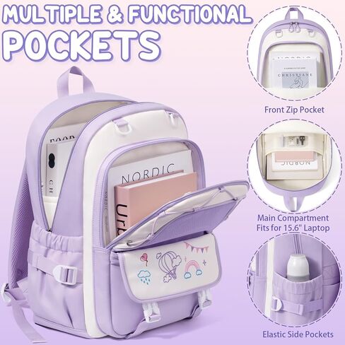 حقيبة ظهر Fimibuke Kids for Girls ، 4 PCS حقيبة ظهر للمراهقات في سن المراهقة مع صندوق الغداء وحالة القلم الرصاص ومجموعة حقائب سماعات الرأس ، حقيبة مدرسية لطيفة لطلاب المدرسة الثانوية الابتدائية إلى المدرسة in Kuwait