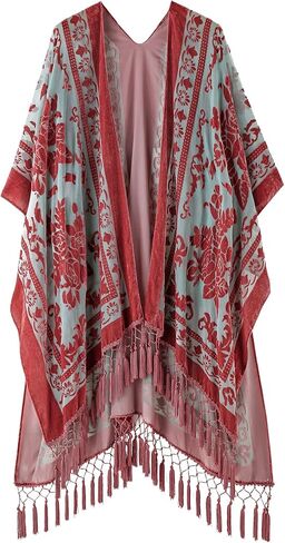 WeHello Women's Burnout Velvet Kimono Long Cardigan Cover Up with Tassel (Sand) in Kuwait