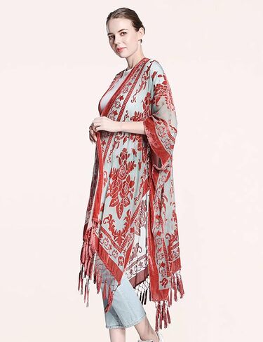 WeHello Women's Burnout Velvet Kimono Long Cardigan Cover Up with Tassel (Sand) in Kuwait