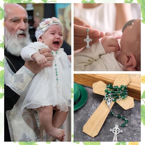 مجموعة هدايا مسبحة Quelay First Communion تتضمن خرزات كاثوليكية من سانت باتريك الأخضر مسبحة أيرلندية مع صليب سلتيك معدني بورسلين أيرلندي صندوق تذكار مجوهرات شامروك وبطاقة مقدسة للصلاة للفتيات والأولاد in Saudi Arabia