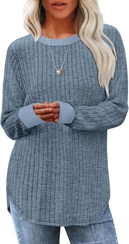 Saloogoe Sweaters for Women Long Sleeve Shirts Fall Outfits 2025 Tunic Tops Loose Fit Crewneck Color Block Ribbed Collar in Saudi Arabia
