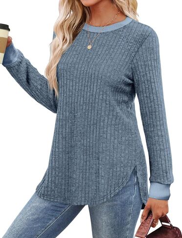 Saloogoe Sweaters for Women Long Sleeve Shirts Fall Outfits 2025 Tunic Tops Loose Fit Crewneck Color Block Ribbed Collar in Saudi Arabia