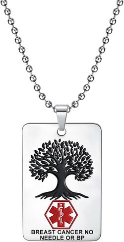 Medical Alert Necklace Square Pendant Tree of Life ID Emergency Medical First Aid Fashion Necklace Stainless Steel Tag Customization for Women and Men in Saudi Arabia