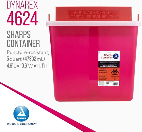 Dynarex Sharps Container, Provides a Safe Disposal of Medical Waste and Needles, Non-Sterile & Latex-Free, 5 Quarts, Made with Thermoplastic, Red with a Transparent Lid, 1 Dynarex Sharps Container in Saudi Arabia