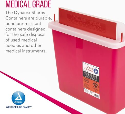 Dynarex Sharps Container, Provides a Safe Disposal of Medical Waste and Needles, Non-Sterile & Latex-Free, 5 Quarts, Made with Thermoplastic, Red with a Transparent Lid, 1 Dynarex Sharps Container in Saudi Arabia