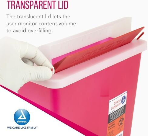 Dynarex Sharps Container, Provides a Safe Disposal of Medical Waste and Needles, Non-Sterile & Latex-Free, 5 Quarts, Made with Thermoplastic, Red with a Transparent Lid, 1 Dynarex Sharps Container in Saudi Arabia