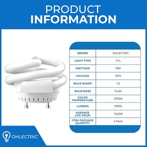 OHLECTRIC 2 Pack - Mini Spiral T3 Compact Fluorescent Light Bulbs - Twist and Lock GU24 Base Light Bulb - 120V - 13W - 800L - Two Pin Fluorescent Bulbs - 2700K - Warm White in Kuwait