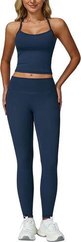 Women 2 Piece Workout Sets Padded Criss Cross Back Crop Tank High Waist Tummy Control Active Leggings Sets Yoga Outfit in Saudi Arabia