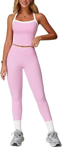 Women 2 Piece Workout Sets Padded Criss Cross Back Crop Tank High Waist Tummy Control Active Leggings Sets Yoga Outfit in Saudi Arabia