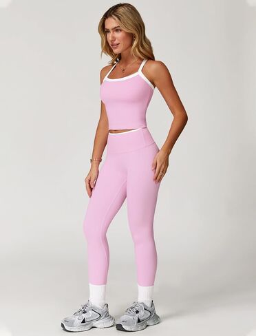 Women 2 Piece Workout Sets Padded Criss Cross Back Crop Tank High Waist Tummy Control Active Leggings Sets Yoga Outfit in Saudi Arabia