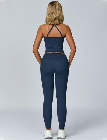 Women 2 Piece Workout Sets Padded Criss Cross Back Crop Tank High Waist Tummy Control Active Leggings Sets Yoga Outfit in Saudi Arabia