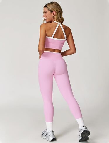 Women 2 Piece Workout Sets Padded Criss Cross Back Crop Tank High Waist Tummy Control Active Leggings Sets Yoga Outfit in Saudi Arabia