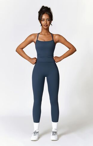 Women 2 Piece Workout Sets Padded Criss Cross Back Crop Tank High Waist Tummy Control Active Leggings Sets Yoga Outfit in Saudi Arabia