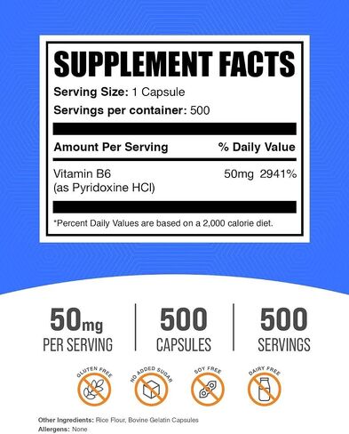 plksupplements.com كبسولات فيتامين B6 - بيريدوكسين HCL ، فيتامين B6 50mg - 1 كبسولة لكل وجبة ، 500 كبسولات (حزمة 1) in Saudi Arabia