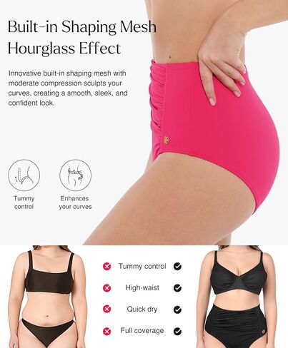 Popilush Women's High Waisted Bikini Bottom Tummy Control Ruched Bathing Suit Vintage Swim Bottoms in Saudi Arabia
