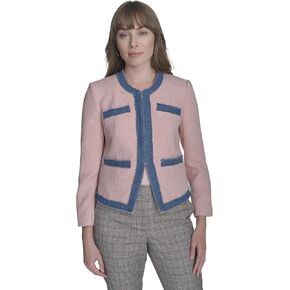 Tommy Hilfiger Women's Collarless Denim Drimmed Open Front Jacket in Kuwait