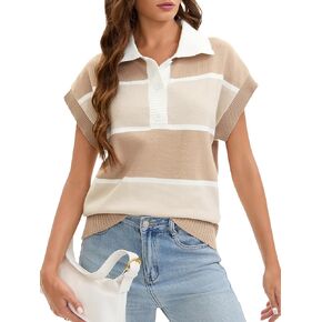 Womens Short Sleeve Sweaters V Neck Button Down Striped Pullover Tank Tops Loose Summer Casual Sweater Vest in Kuwait